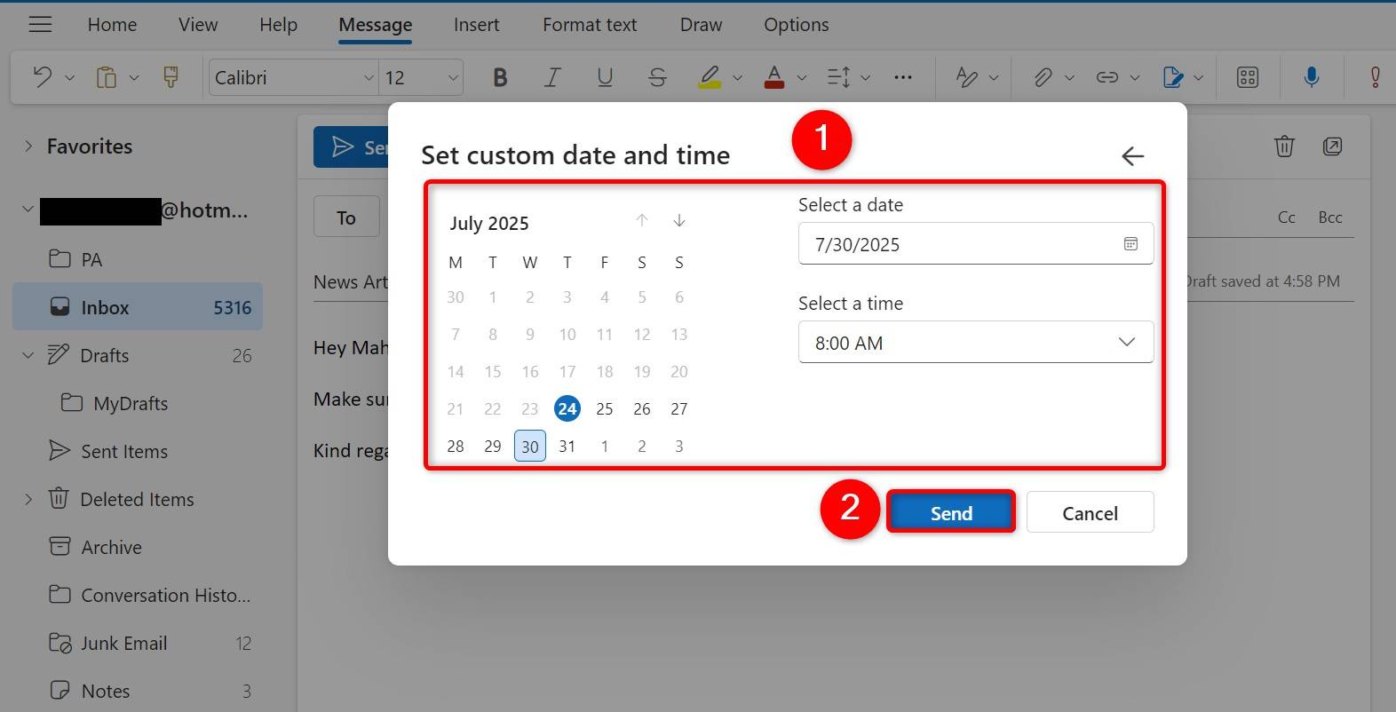 Schedule Send date and time options highlighted in Outlook Web.
