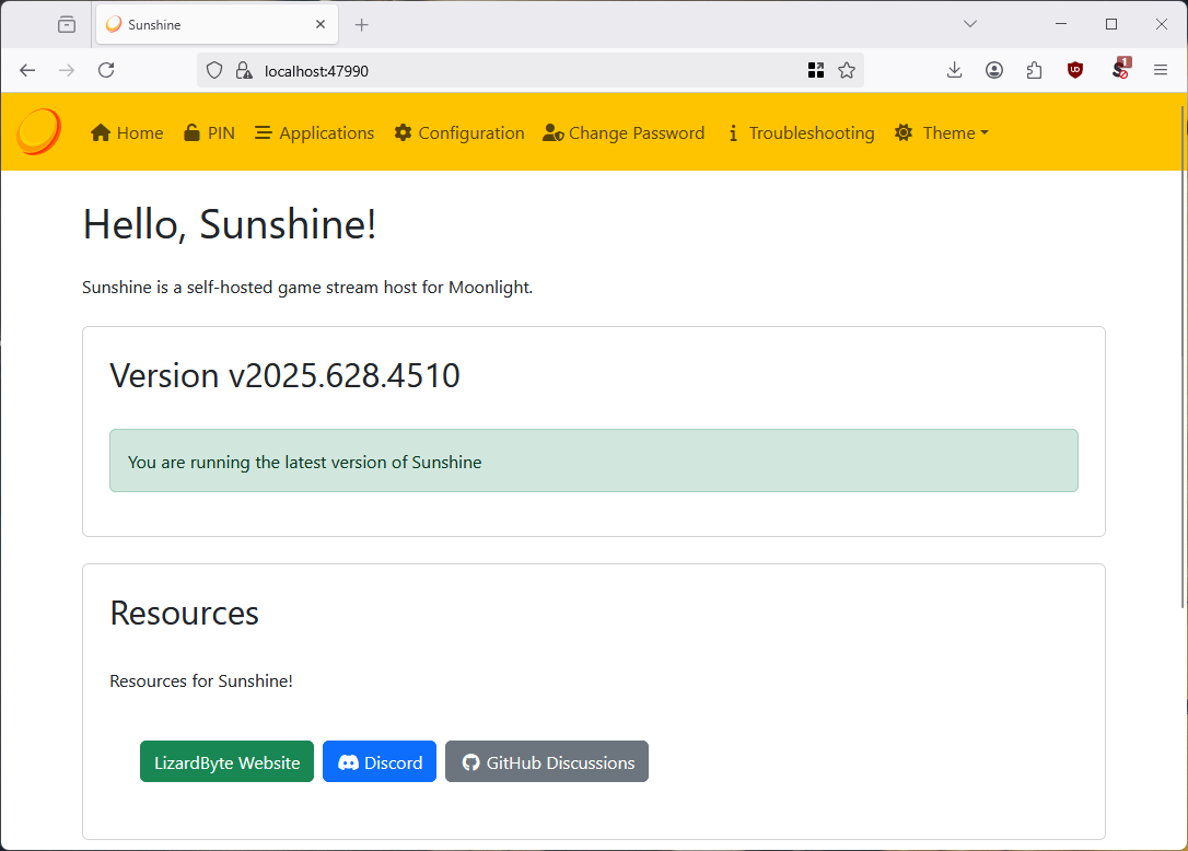 The Sunshine game streaming server configuration screen.