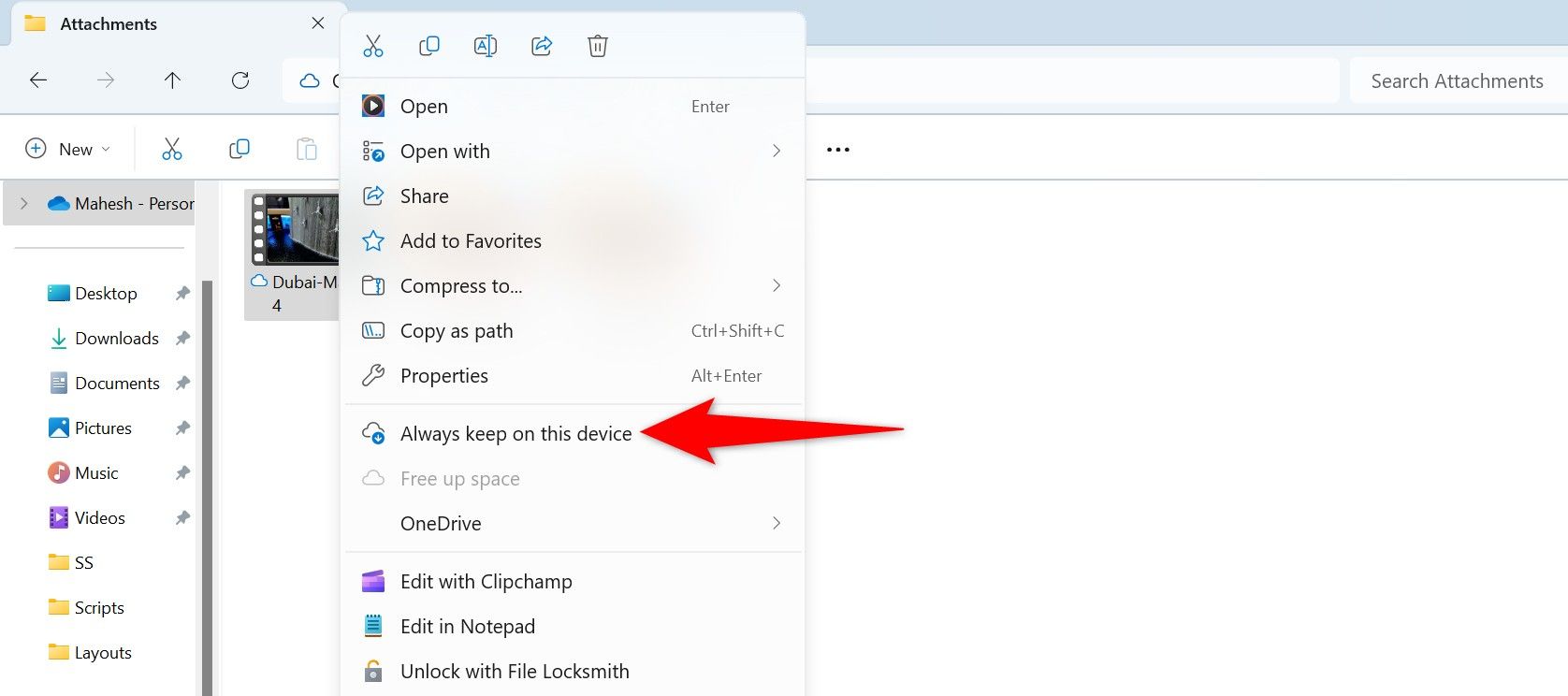 "Always Keep On This Device" highlighted for a file in OneDrive.