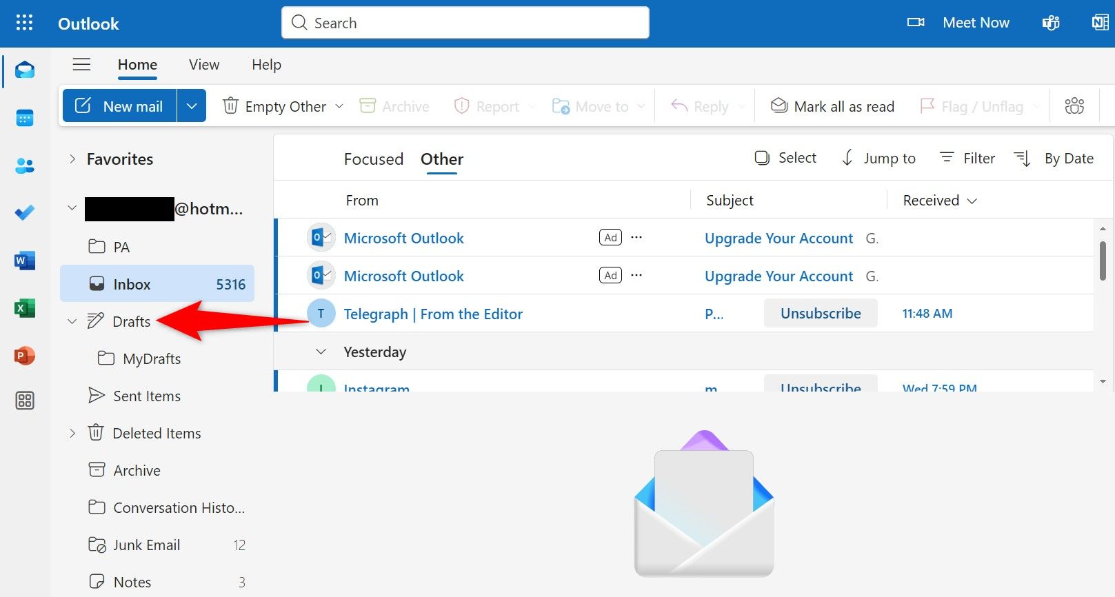 "Drafts" highlighted in Outlook Web.