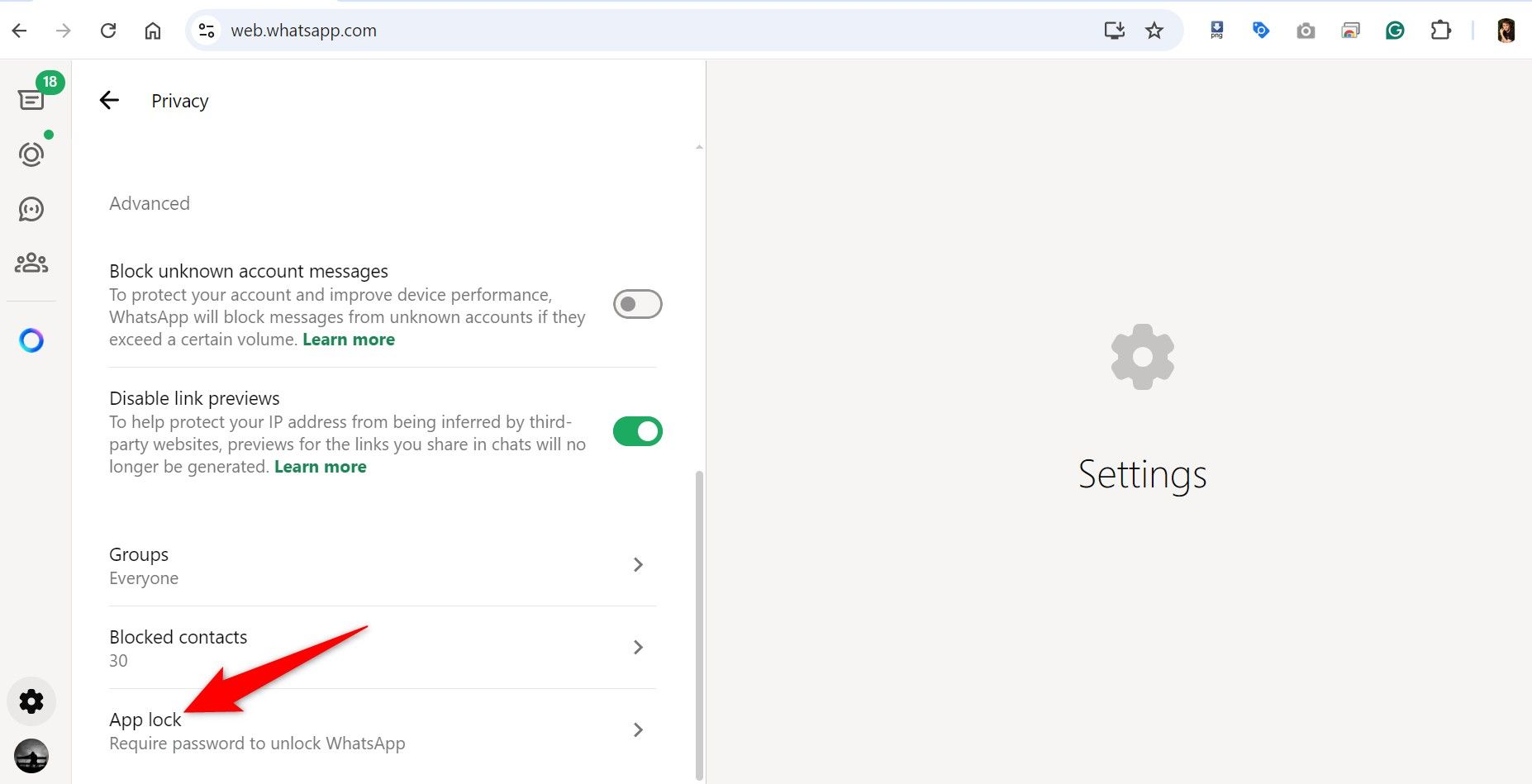 "App Lock" highlighted on WhatsApp Web.