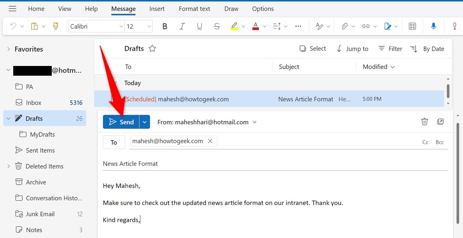 "Send" highlighted for a scheduled email in Outlook Web.