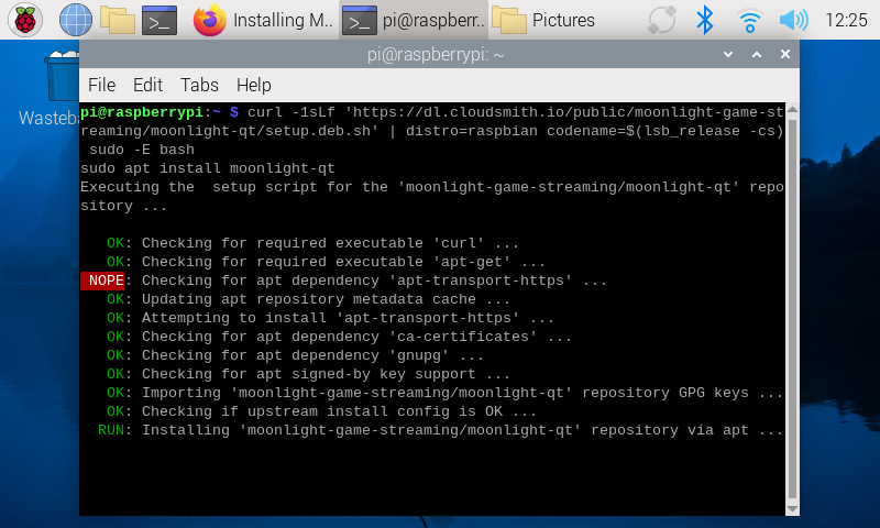 Running the Moonlight installation script on Raspberry Pi OS.
