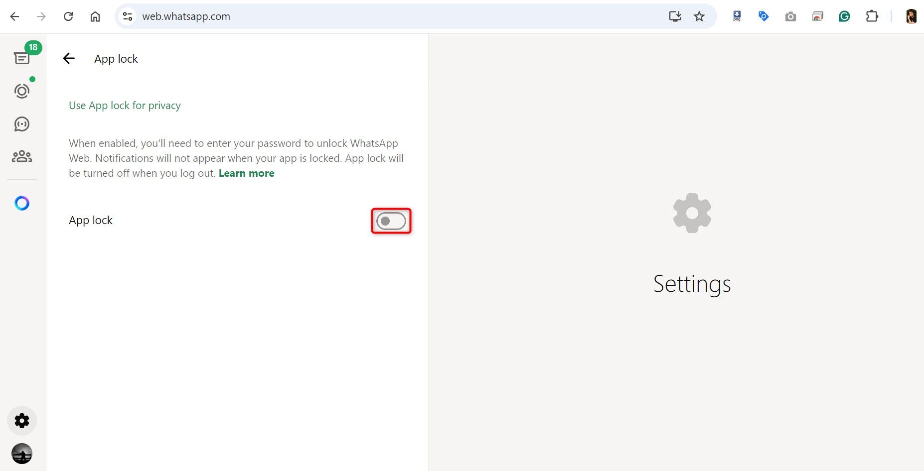 The "App Lock" toggle highlighted on WhatsApp Web.