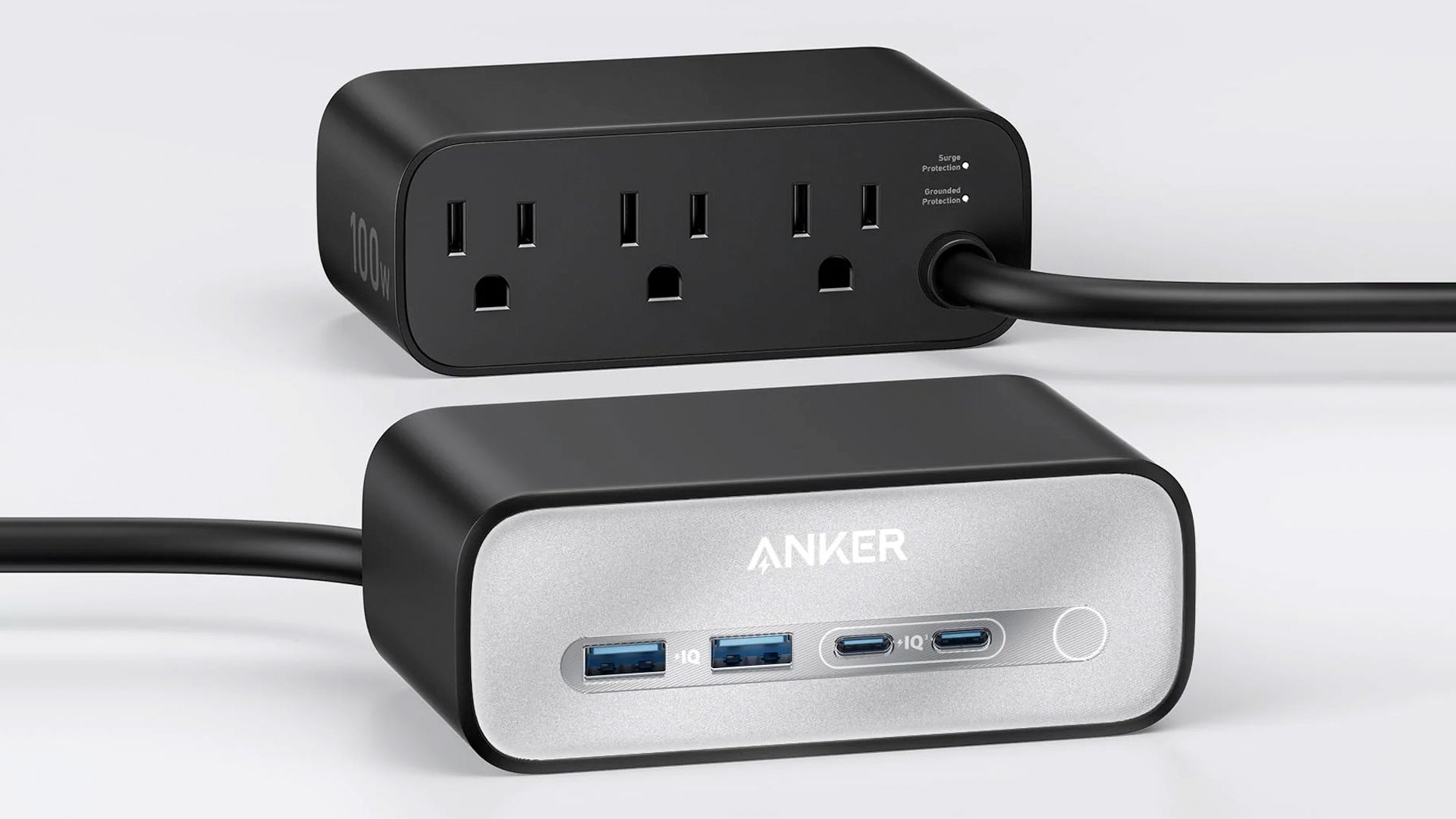 The Anker 7-in-1 100-watt charging station viewed from the front and rear.