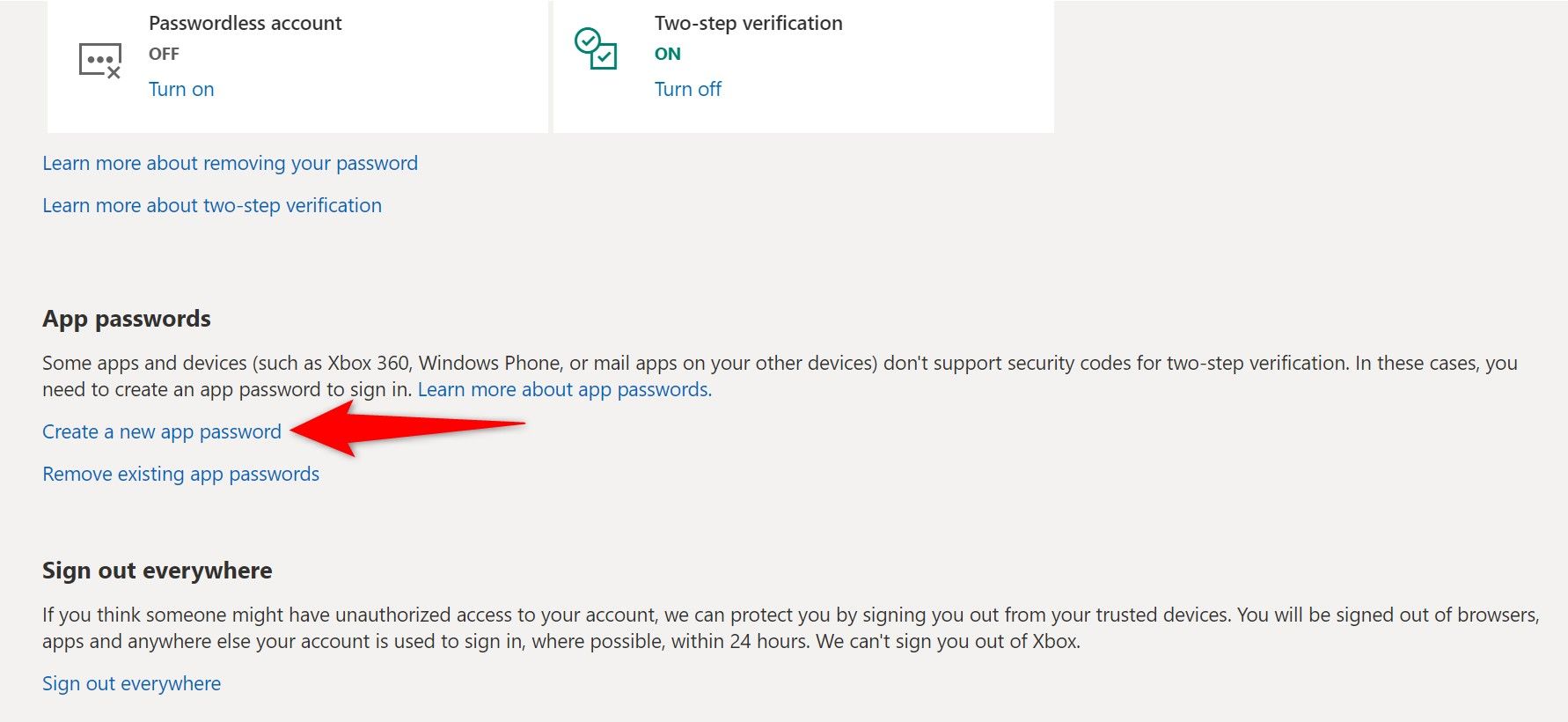 "Create a new application password" highlighted on the "Security" page.