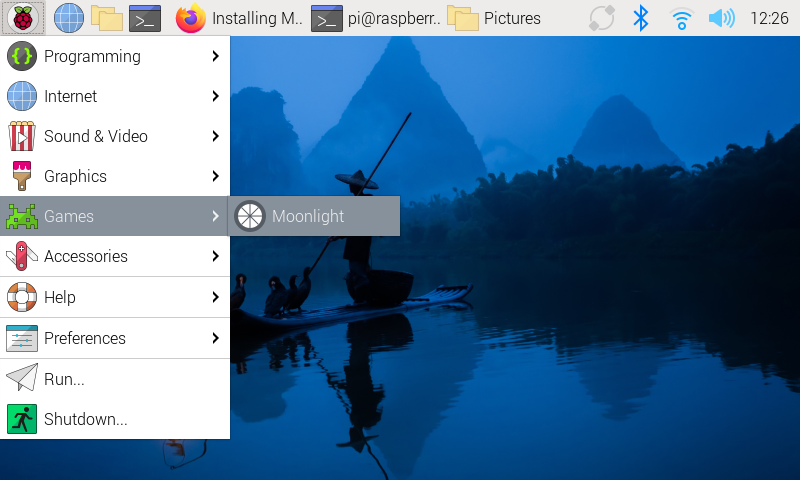 Moonlight installed in the Raspberry Pi OS menu.