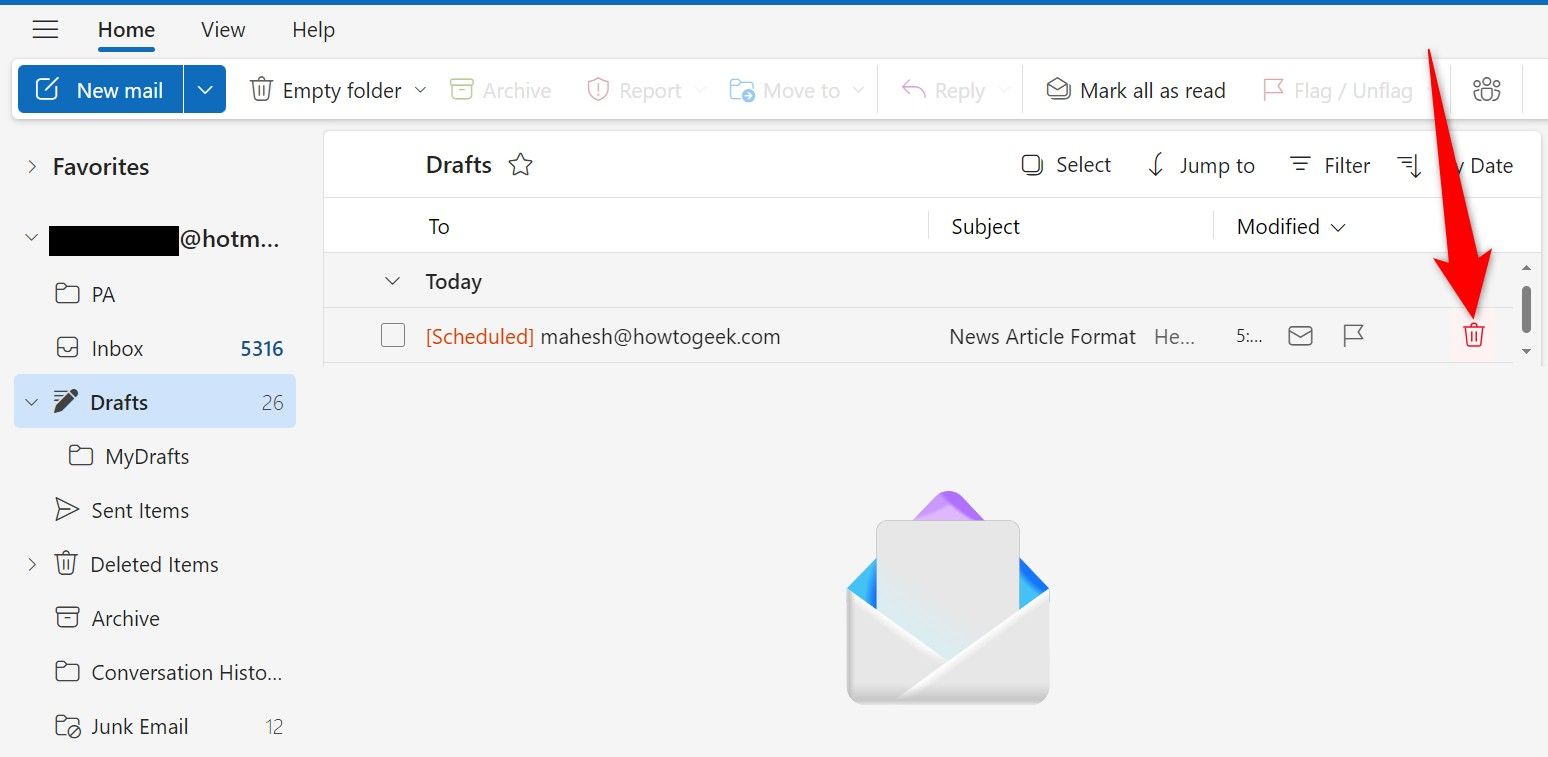 The trash can icon highlighted for a scheduled email in Outlook Web.