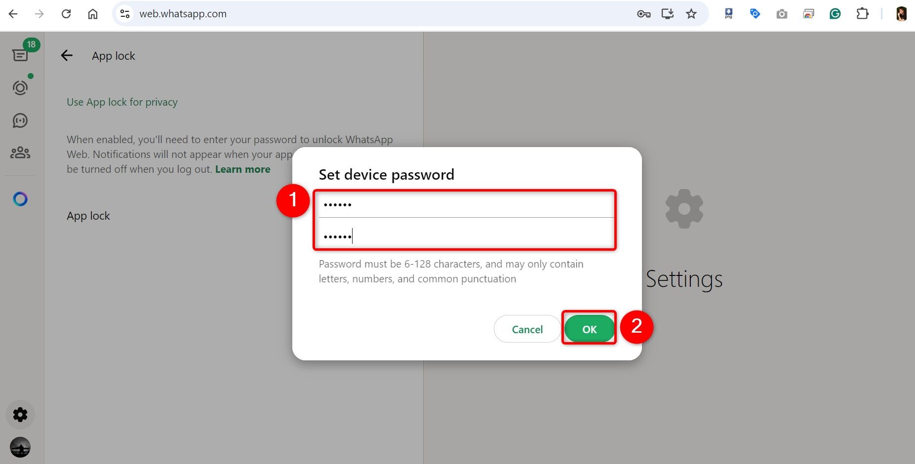 Password fields and "OK" highlighted on WhatsApp Web's "Set Device Password" window.