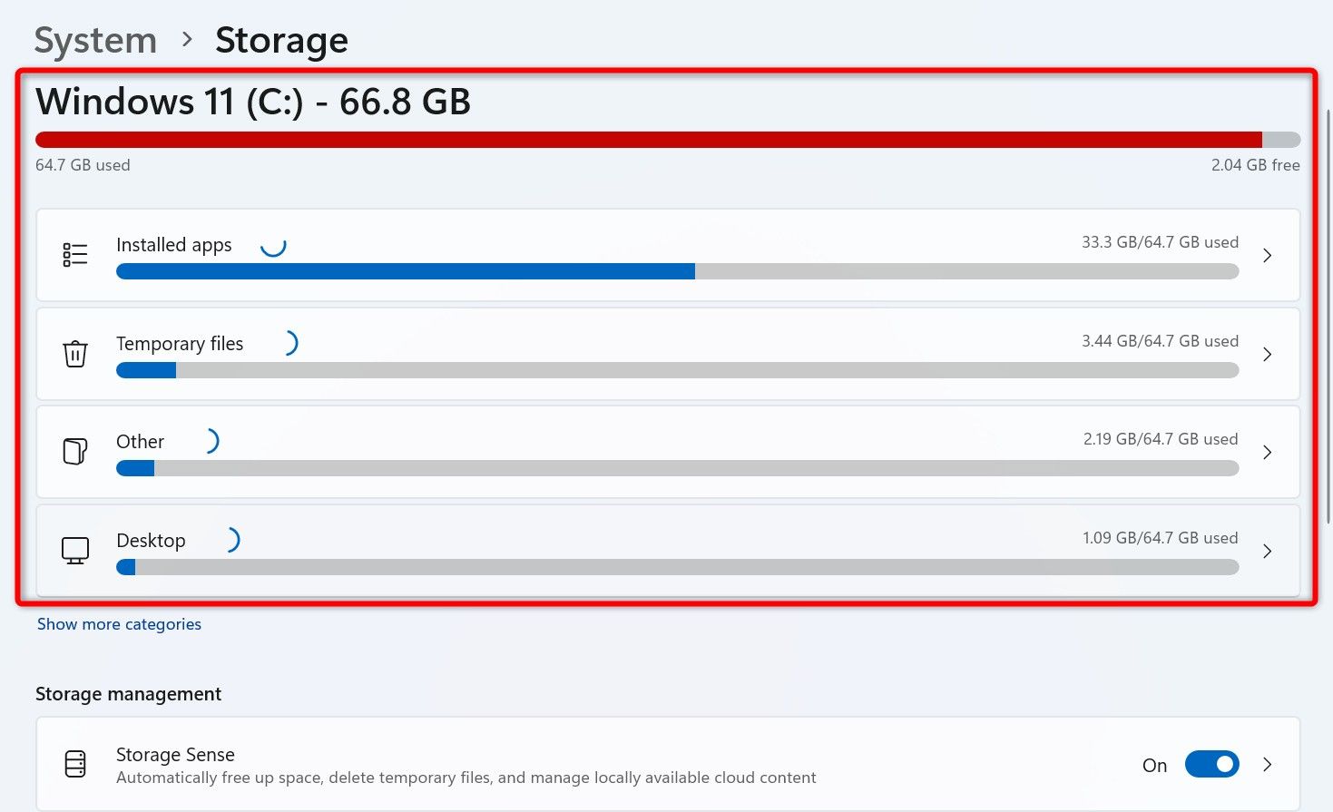 Windows 11's storage review in Settings.