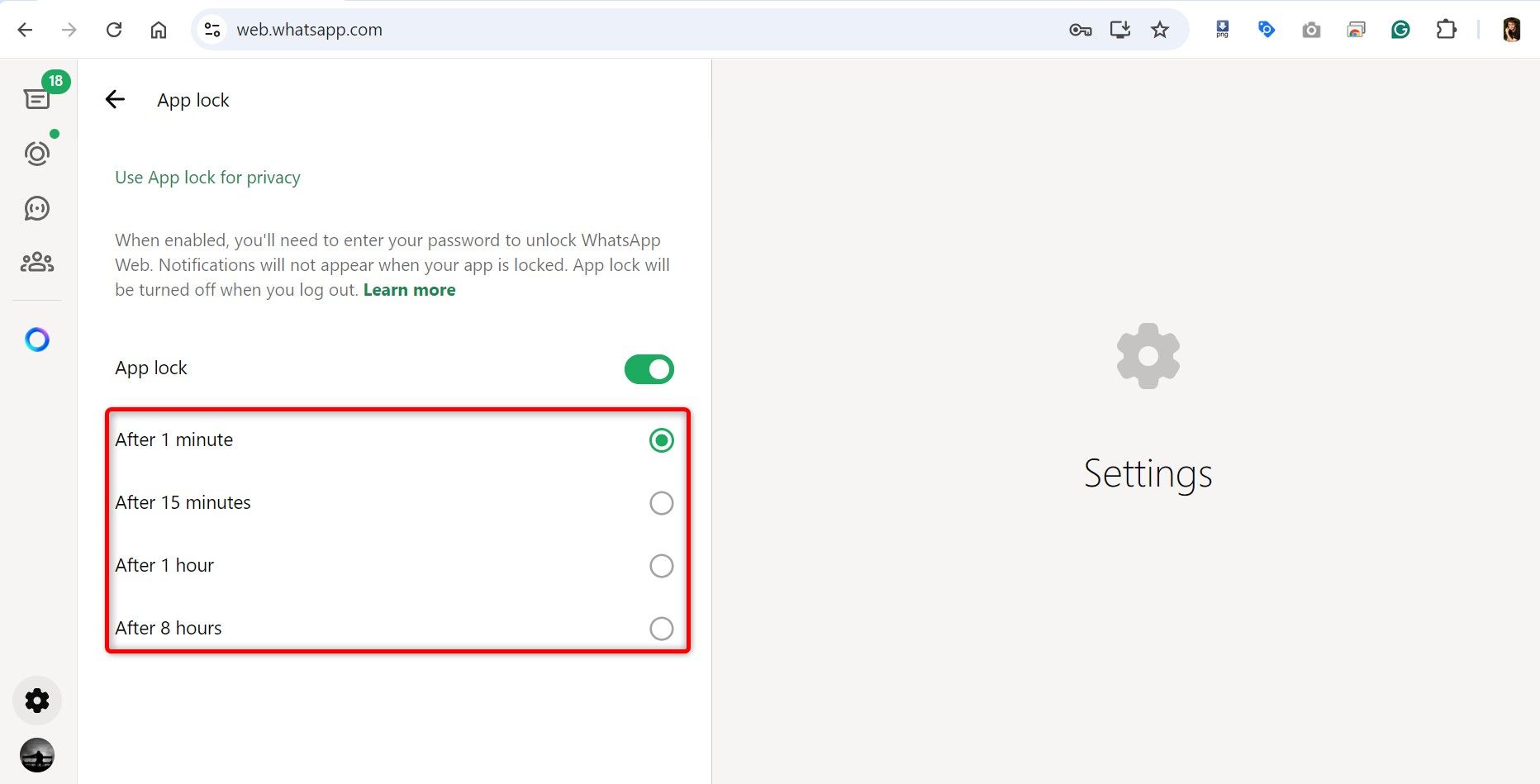 Various timing options highlighted for WhatsApp Web's App Lock feature.