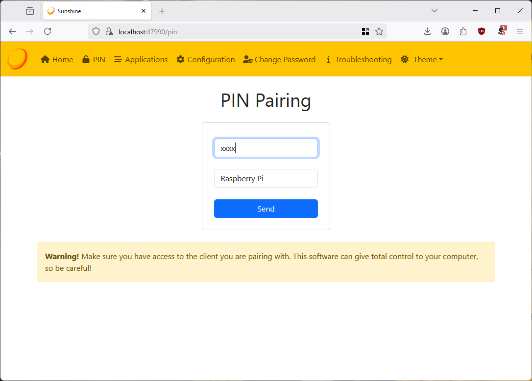 Pairing Sunshine with Moonlight using a PIN.