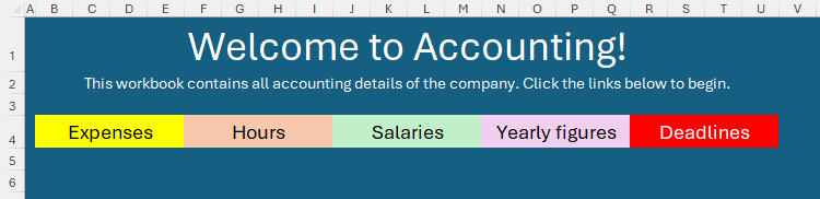 A banner in an Excel worksheet with formatted cells containing links to other worksheets.