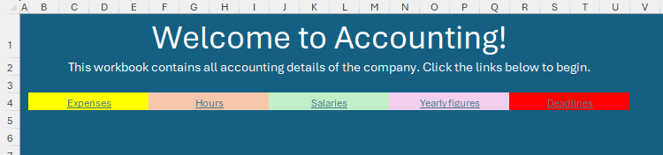 A banner in an Excel worksheet with links to other worksheets.