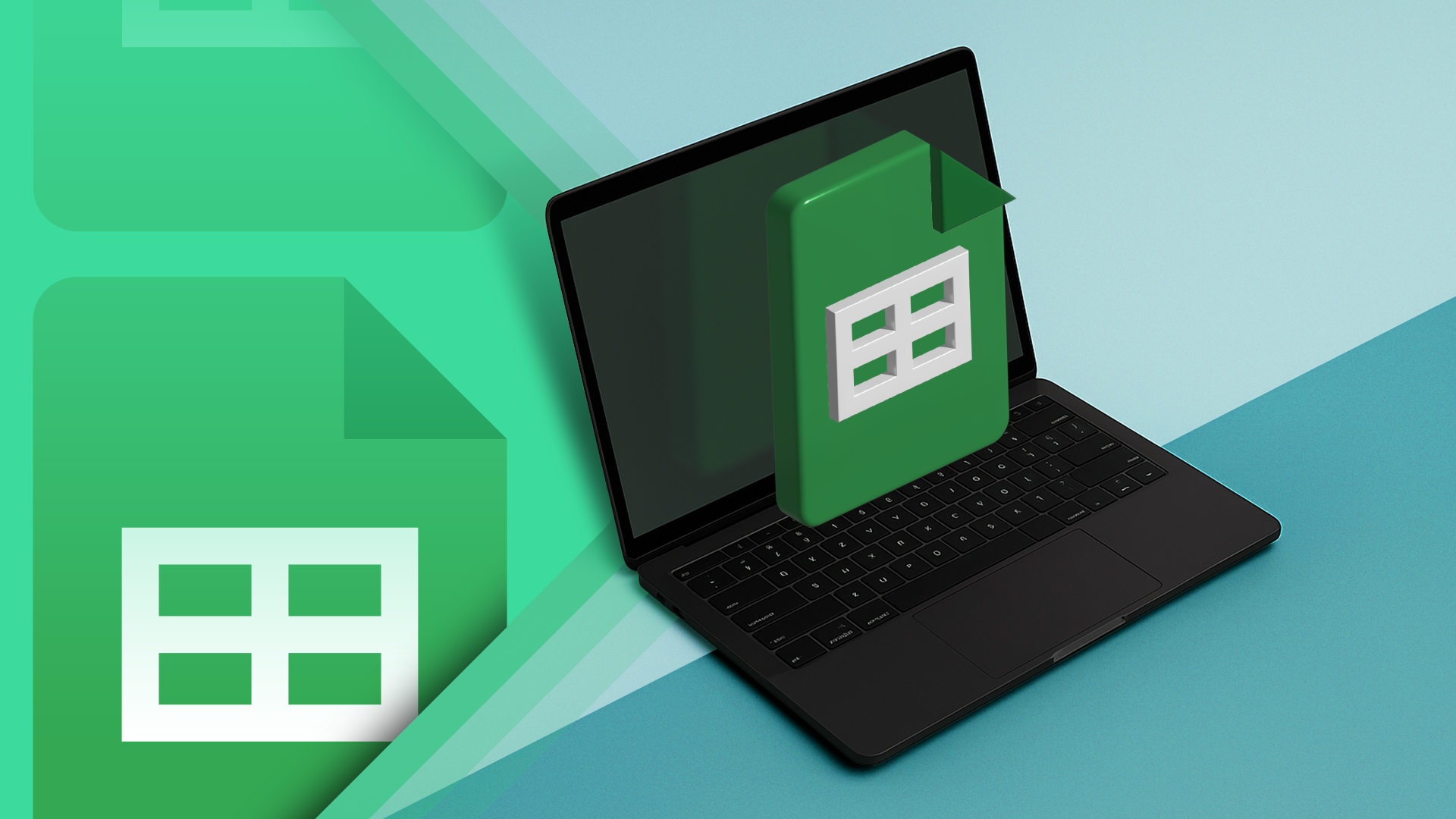 A black laptop with a floating Google Sheets logo emerging from the screen.