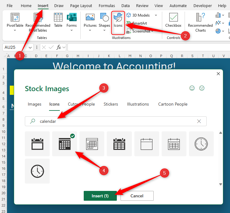 A calendar icon in the Stock Images dialog box in Microsoft Word is selected.