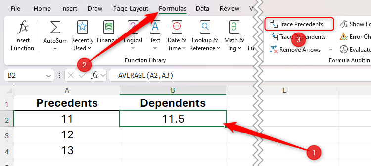 A cell in Excel is selected, and Trace Precedents in the Formulas tab is highlighted.