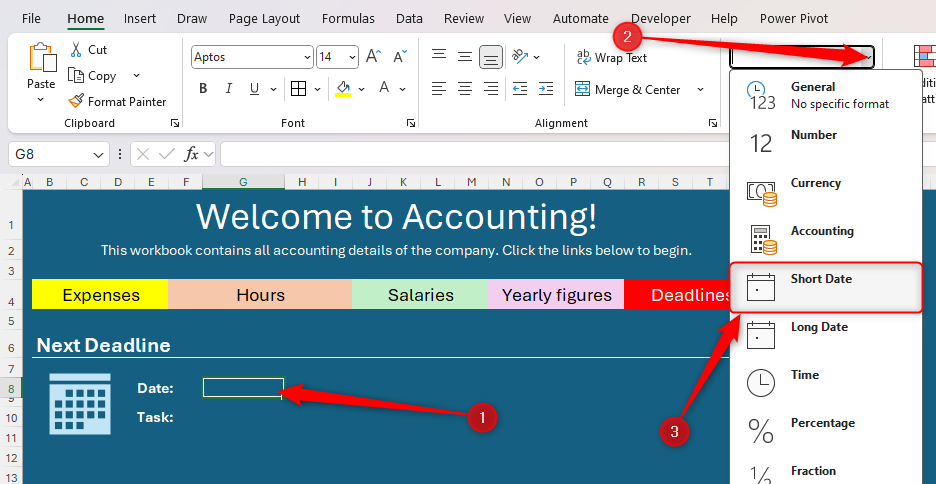 A cell is assigned as a short date format in Microsoft Excel.