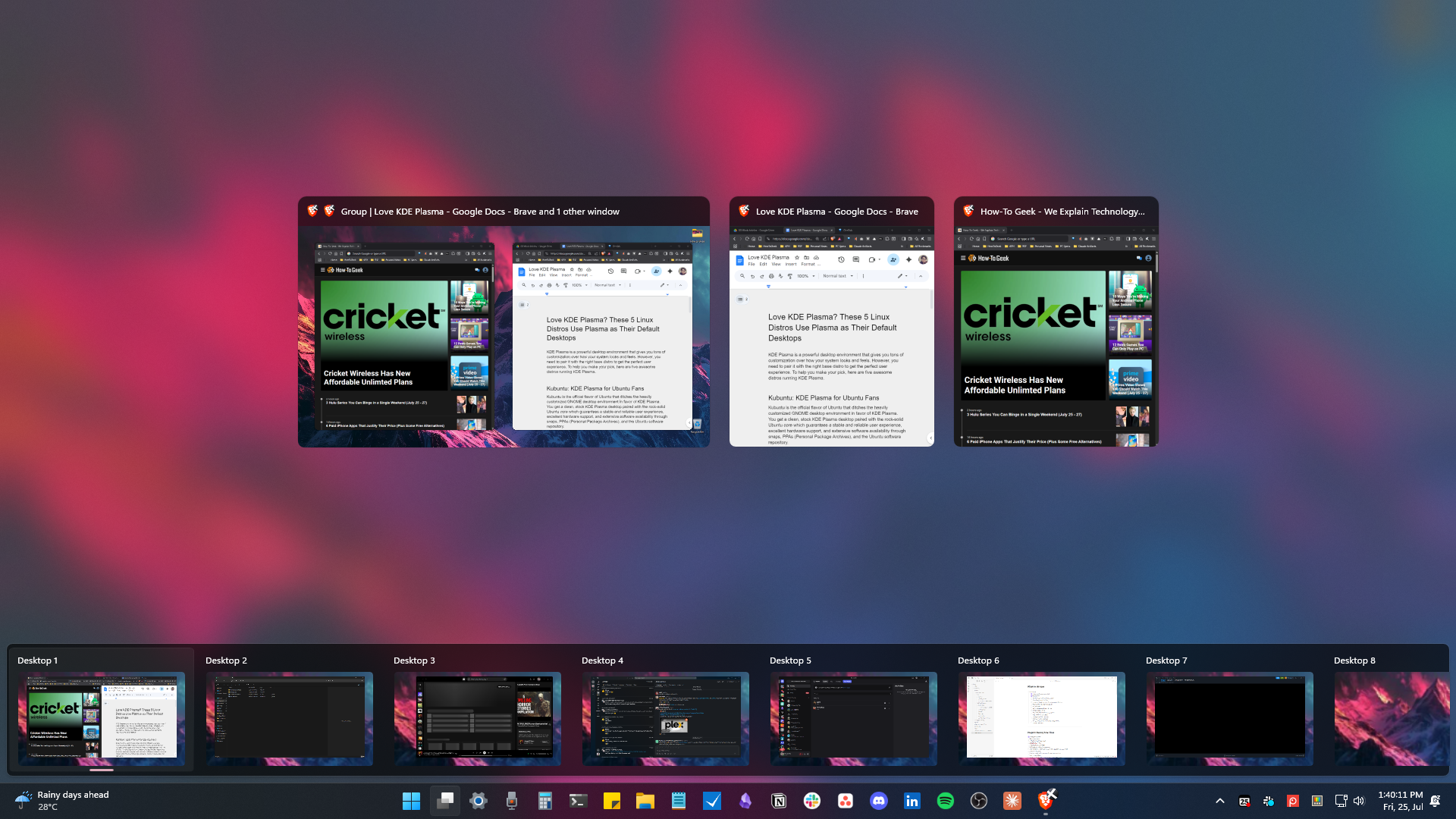 A clutter of virtual desktops on Windows 11.