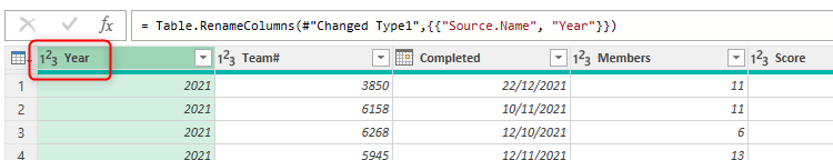 A column in Power Query Editor is renamed Year, with the data type changed to Whole Number.
