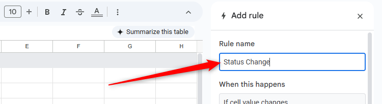 A conditional notification rule in Google Sheets is renamed Status Change.