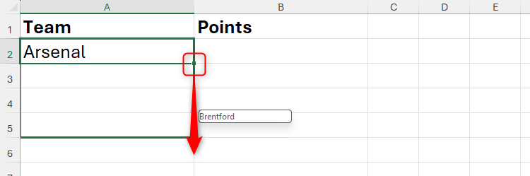 A custom list of Premier League soccer teams is being generated in Microsoft Excel.