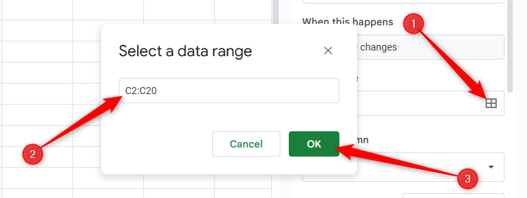 A different range is selected for the conditional notification rule in Google Sheets.