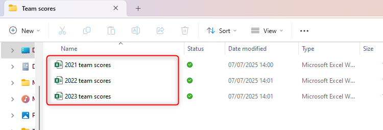A folder in Windows 11 containing three Excel files named YEAR + team scores.