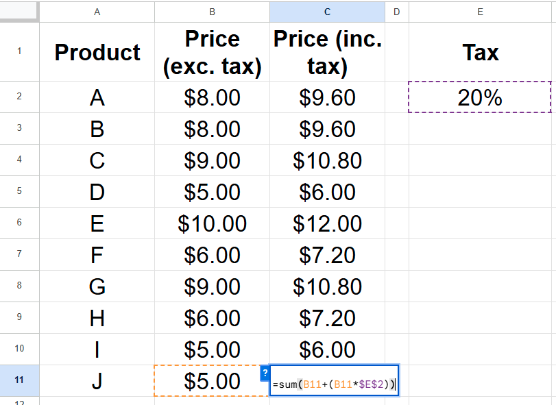 Une formule dans Google Sheets contient une référence absolue pour calculer le prix d'un produit avec impôt inclus.