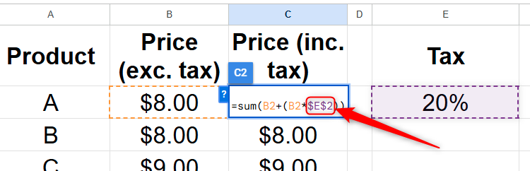 Une formule dans Google Sheets contient une référence absolue.