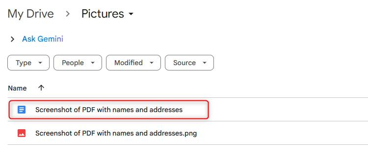 A Google Docs file with the same name as a PNG file in a Google Drive folder.