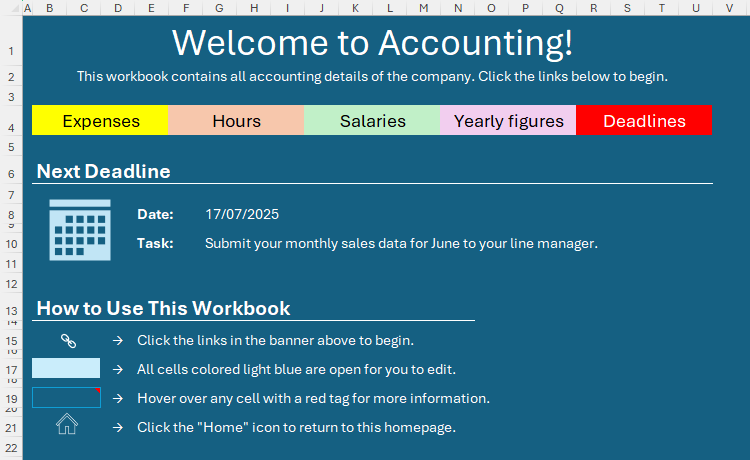 A homepage worksheet in Excel with a section that tells users how to use the workbook.