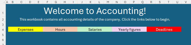 A homepage worksheet in Microsoft Excel with a banner containing the names of the other worksheets in the workbook.