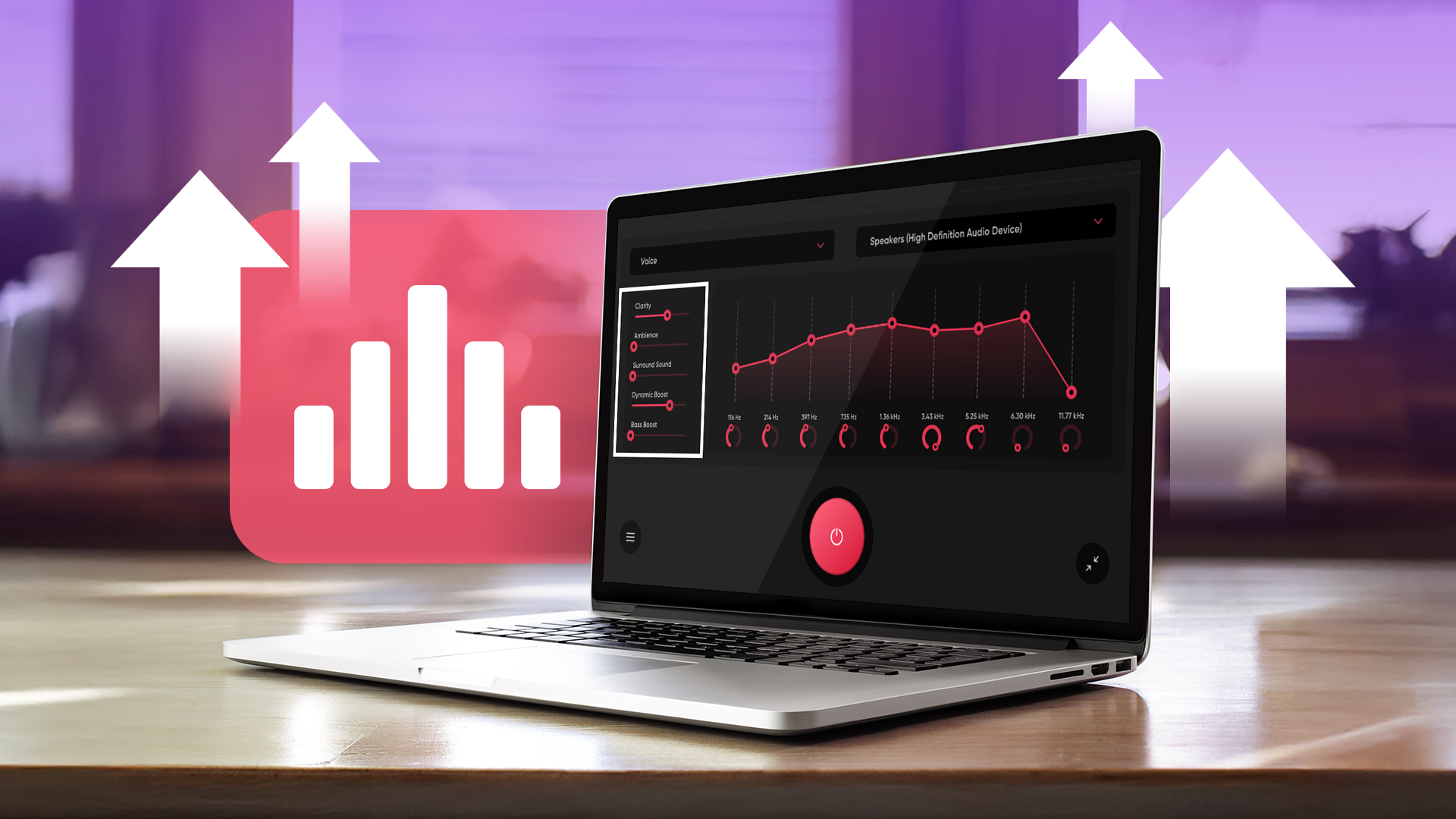 A laptop displaying the FxSound app with an active equalizer interface, surrounded by upward-pointing arrows and a volume bar icon beside.