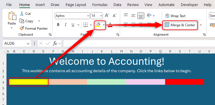 A link banner is added to an Excel workbook, with each link background a different color and their internal cells merged.