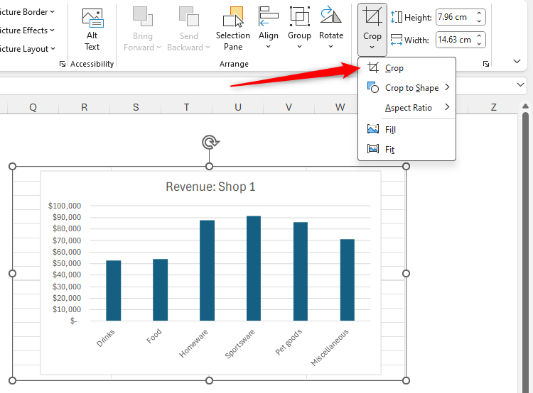 A linked picture of a chart in Excel is selected, and the Crop tool in the Picture Format tab is highlighted.