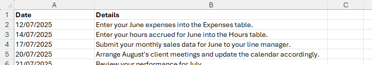 A list of deadline dates and the tasks for each deadline in Excel.