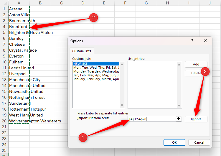 A list of Premier League soccer teams is imported into the Custom List Options dialog box in Microsoft Excel.