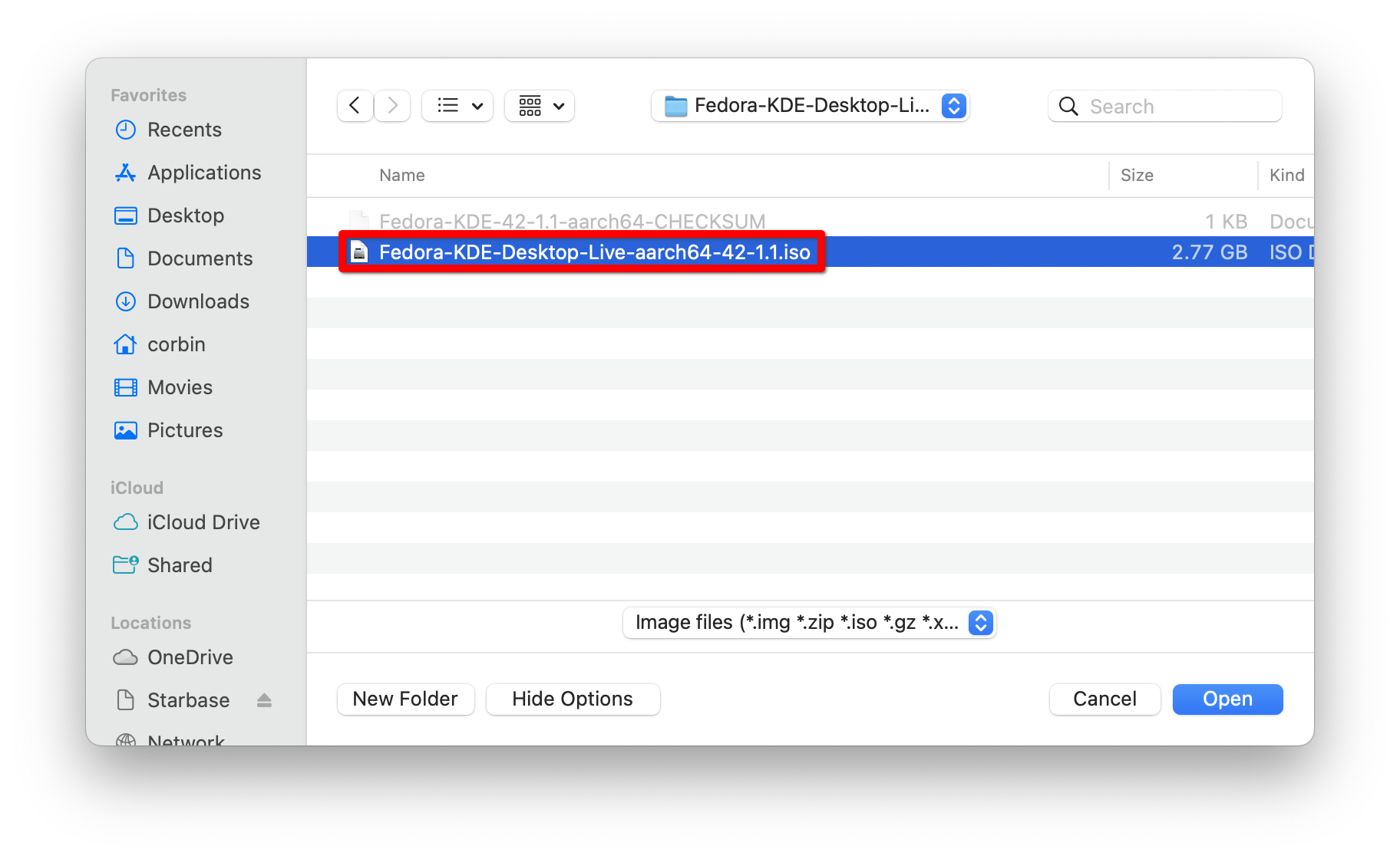 A Mac file browser dialog with a red box around a Fedora ISO file.