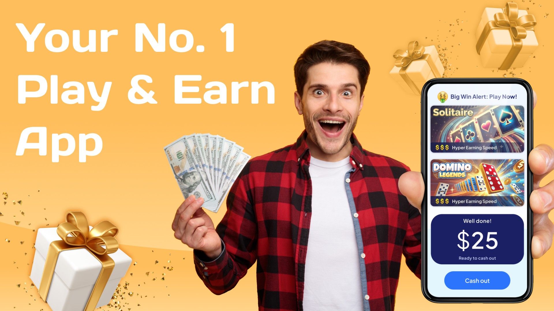 A man holding a phone with the Bestplay app showing he's won 25 dollars.