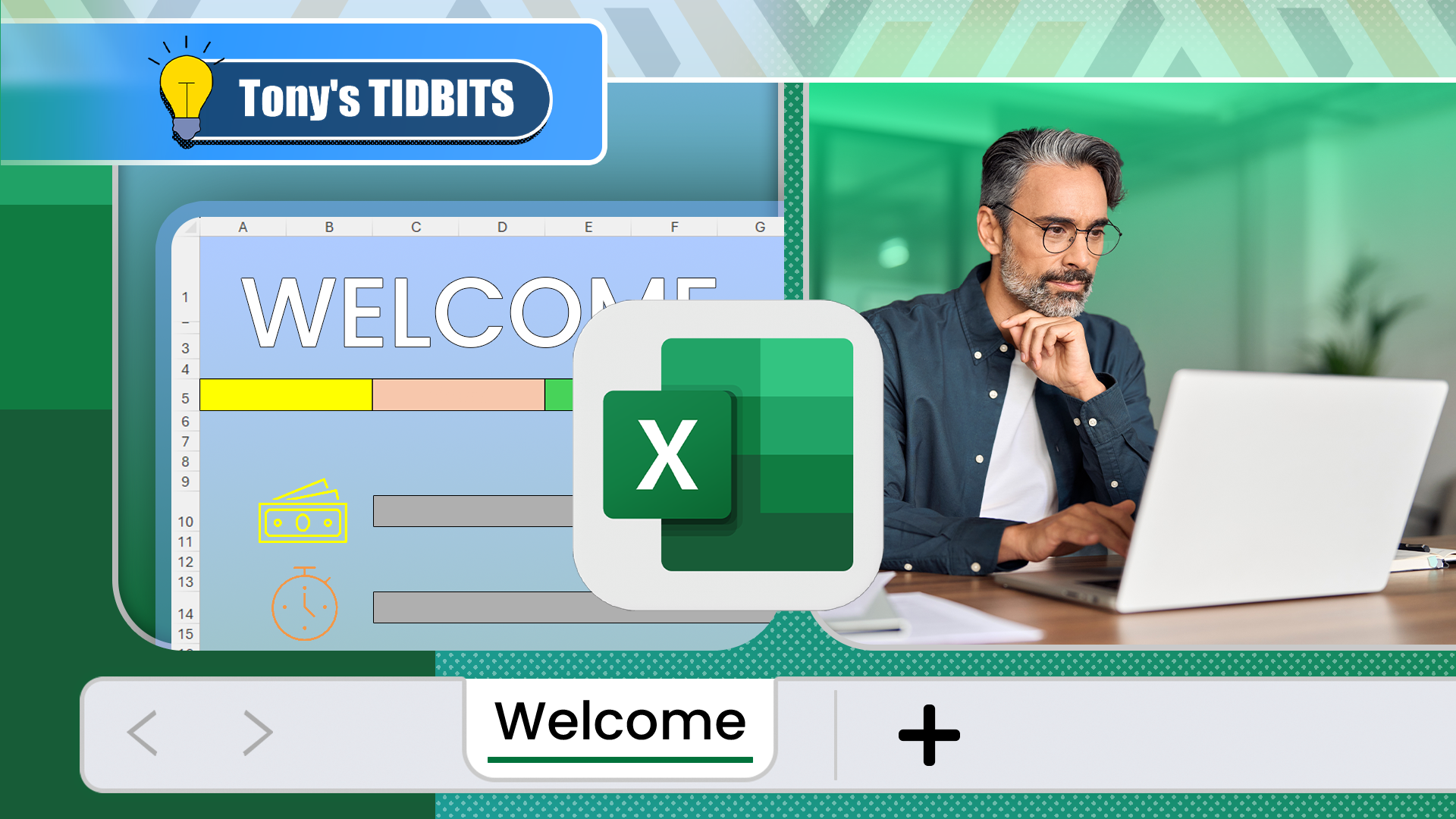A man working on a laptop is next to a stylized Microsoft Excel interface with a 'Homepage' worksheet, and the Excel logo at the center.