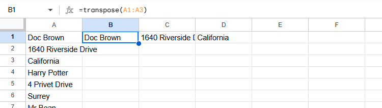 A name, address, and area are transposed from three separate rows into three separate columns in Google Sheets.