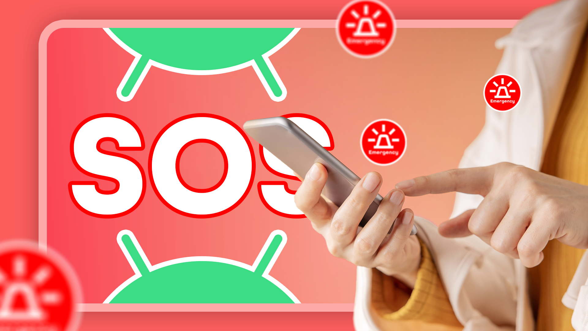 A person holding a smartphone, with a large red 'SOS' text prominently displayed in the background and multiple red emergency alert icons with sirens surrounding the scene.