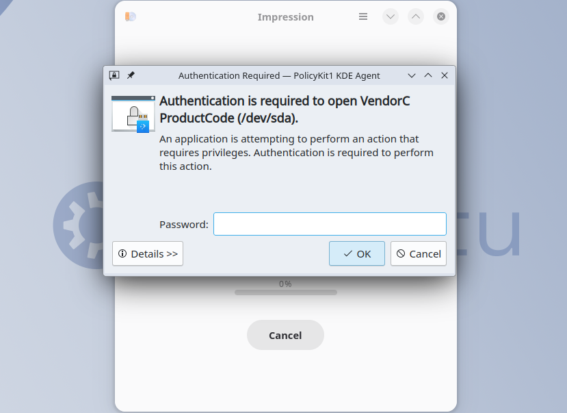 A prompt to enter your root password when trying to write an image to a USB drive with Impression.