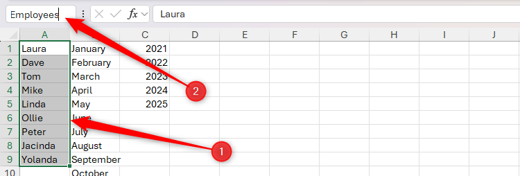 Đặt tên Vùng Dữ liệu Một vùng ô trong Excel được chọn và đổi tên trong Hộp Tên.