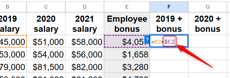 Une référence à la cellule E2 dans une formule Google Sheets est mitigée, avec la référence à la colonne E absolue et la référence à la ligne 2 relative.