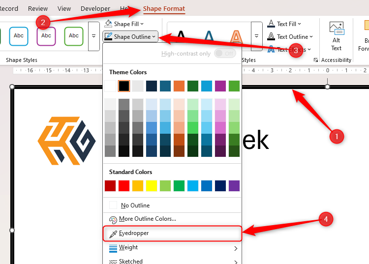 A slide border in PowerPoint is selected, and Eyedropper in the Shape Outline drop-down menu is highlighted.