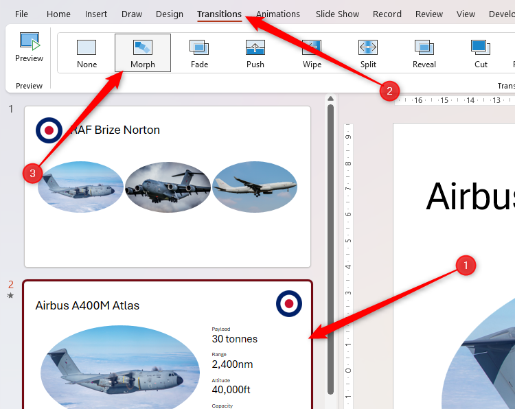 A slide is selected in PowerPoint, and the morph transition is activated.