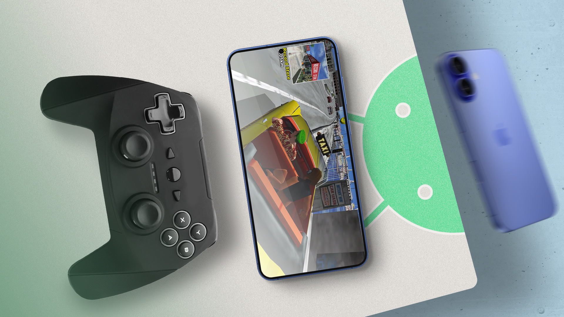 A smartphone running crazy taxi classic, placed over a large Android logo, with a black game controller on the left and a blurred purple iPhone on the right.-1