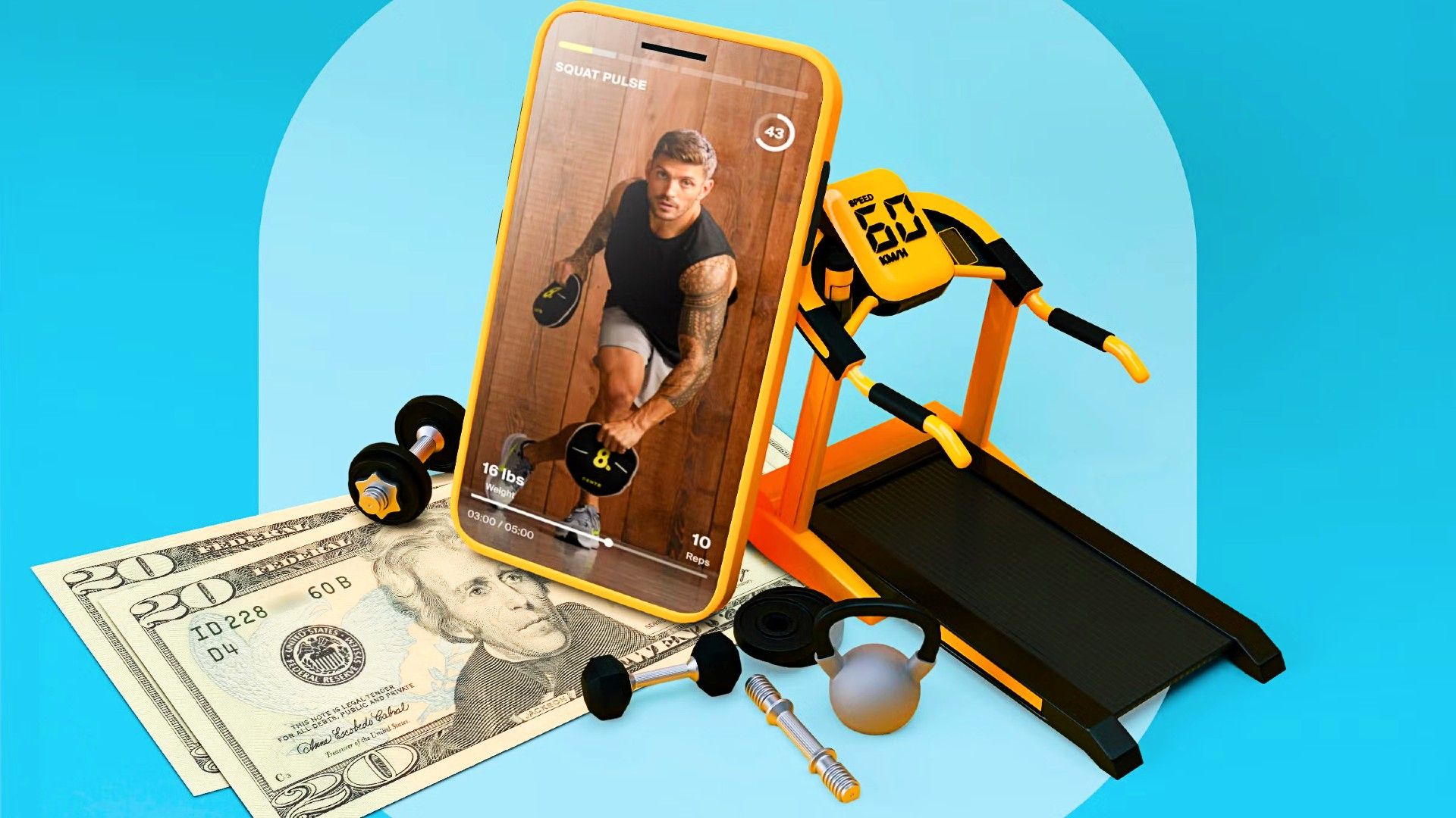 A smartphone with a workout app and some gym equipment around it.